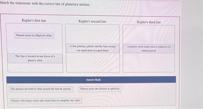 Match the statements with the correct law of planetary motion.