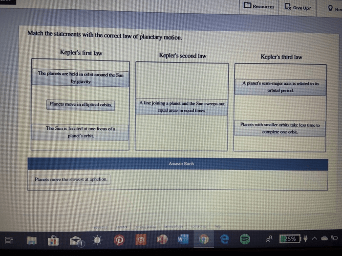 Law correct statements match planetary motion planets orbits kepler take time third second first smaller less sun move solved question